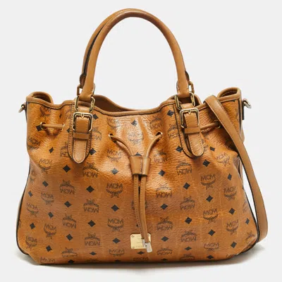 Pre-owned Mcm Cognac Visetos Coated Canvas Drawstring Tote In Brown