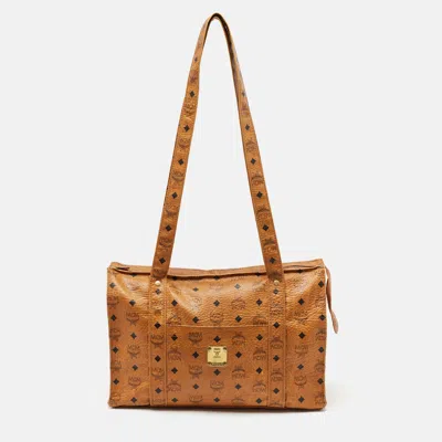 Pre-owned Mcm Cognac Visetos Coated Canvas Large Heritage Zip Tote In Tan