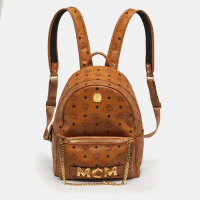 Pre-owned Mcm Cognac Visetos Coated Canvas Medium Trilogie Stark Backpack In Brown