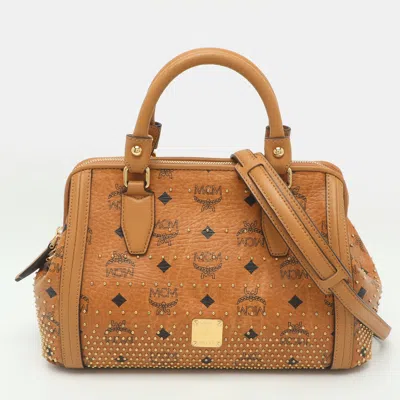 Pre-owned Mcm Cognac Visetos Coated Canvas Studded Satchel In Tan