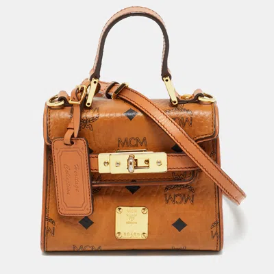Pre-owned Mcm Cognac Visetos Coated Canvas X Mini Hertiage Top Handle Bag In Brown