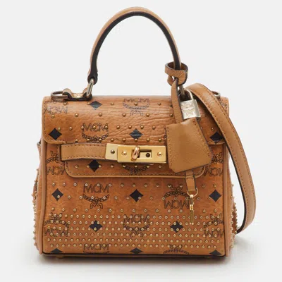 Pre-owned Mcm Cognac Visetos Coated Canvas X Mini Hertiage Top Handle Bag In Brown