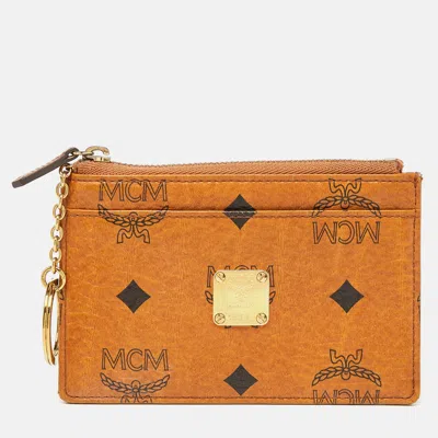 Pre-owned Mcm Cognac Visetos Coated Canvas Zip Card Holder In Tan