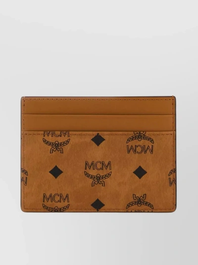 Mcm Contrasting Stitching Canvas Mini Card Holder In Brown