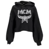 Mcm Cropped Black Oversized Hoodie With Iconic Logo Print In Black
