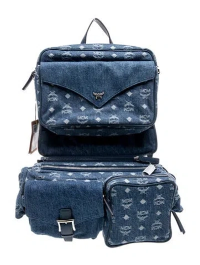 Pre-owned Mcm Denim Aren Multi-backpack In Monogram Denim Jacquard W/ Tags In Blue