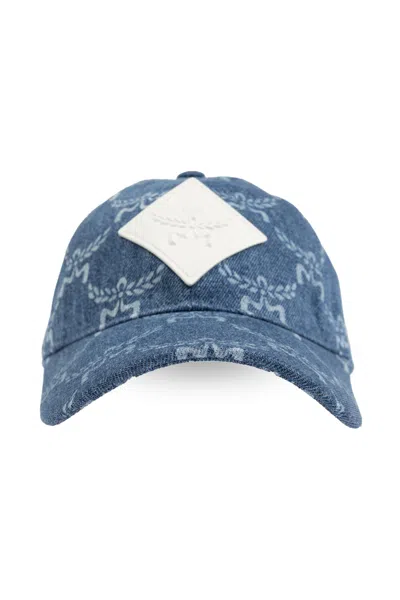 Mcm Lauretos Monogram Denim Baseball Cap In Blue