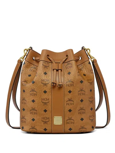 Mcm Dessau Bucket Bag In Coated Cotton With All-over Logo In Brown