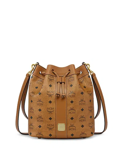 Mcm Dessau Medium Visetos Leather Drawstring Bucket Bag In Brown