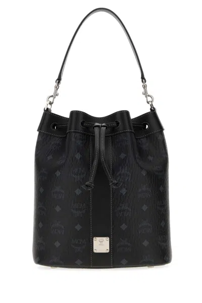 Mcm Dessau Visetos Monogram Coated Cotton Bucket Bag With Drawstring In Black