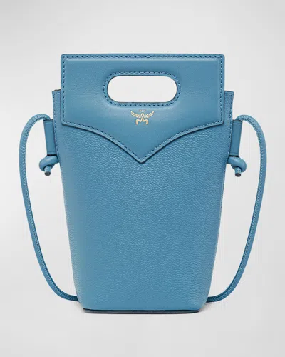 Mcm Diamond Flat Leather Pouch Bucket Bag In Blue