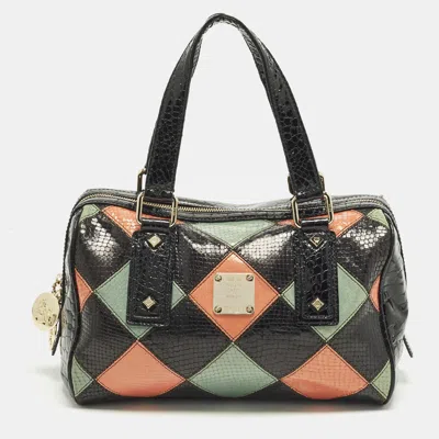 Pre-owned Mcm Diamond Pattern Multicolor Croc Embossed Patent And Snakeskin Embossed Leather Boston Bag