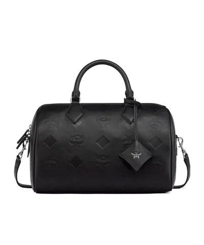 Mcm Ella Boston Bag In Maxi Monogram Leather In Black