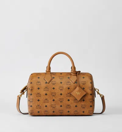 Mcm Ella Boston Bag In Visetos In Cognac