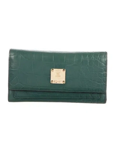 Pre-owned Mcm Embossed Leather Animal Print Trifold Wallet In Green