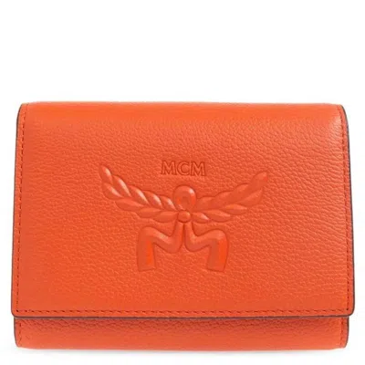 Mcm Embossed Logo Small Himmel Trifold Wallet In Orange