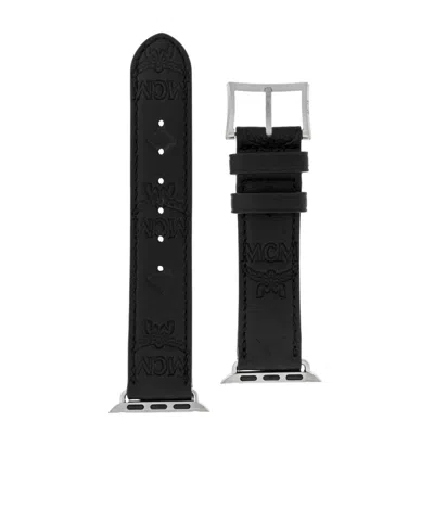 Mcm Embossed-monogram Leather Apple Watch Band In Black