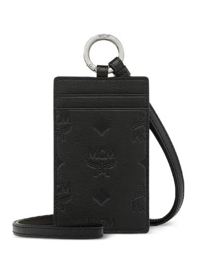 Mcm Embossed-monogram Lanyard Card Holder In Black