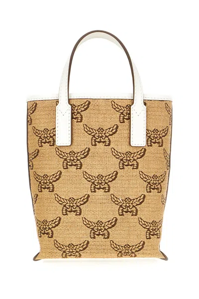 Mcm Embroidered Fabric Handbag In Natural