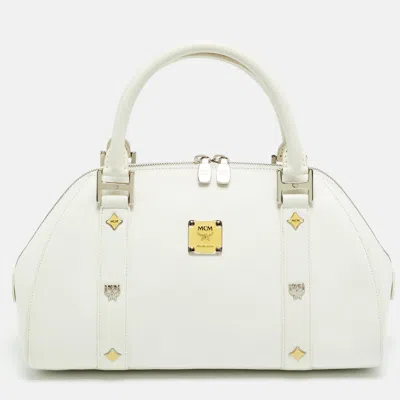 Pre-owned Mcm Enamel Logo White Leather Zip Satchel