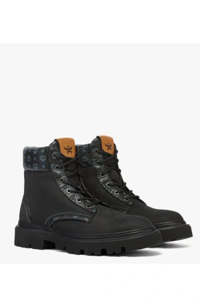 Mcm Ankle Boots In Nubuck And Monogram Print Leather In Black