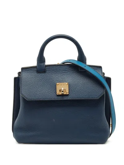 Pre-owned Mcm Flap Calf Leather Satchel In Blue