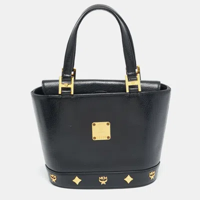 Pre-owned Mcm Flap Studded Black Leather Bucket Tote
