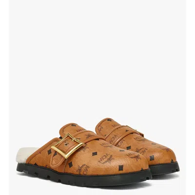 Mcm Flat Mule In Visetos And Shearling In Brown