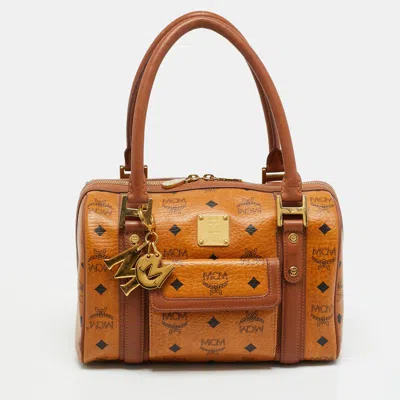 Pre-owned Mcm Front Pocket Cognac Visetos Coated Canvas And Leather Boston Bag In Brown