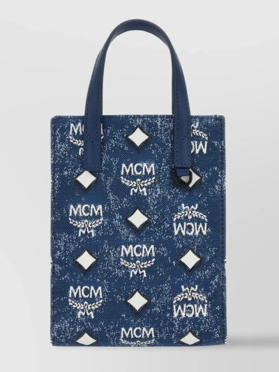 Mcm Glitter Finish Canvas Handbag With Detachable Tag In Blue