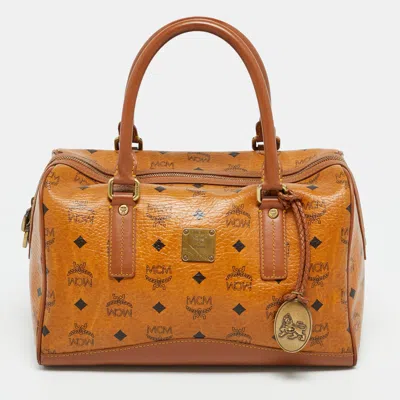 Pre-owned Mcm Heritage Cognac Visetos Coated Canvas Boston Bag In Brown