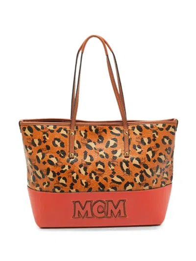 Pre-owned Mcm Heritage Leopard-print Tote Bag In Orange