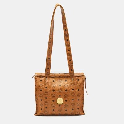 Pre-owned Mcm Heritage Top Zip Cognac Visetos Coated Canvas Tote In Brown