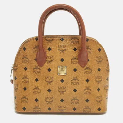 Pre-owned Mcm Hertiage Cognac Visetos Coated Canvas And Leather Dome Bag In Brown