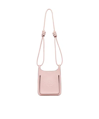 Mcm Himmel Embossed Logo Leather Semilunar Shoulder Bag In Pink