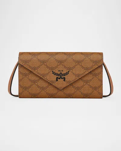 Mcm Himmel Lauretos Envelope Leather Wallet On Chain In Cognac