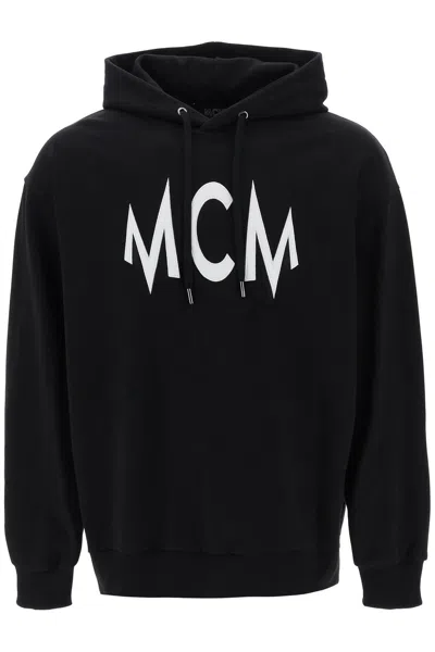 Mcm Floral Print Logo Hoodie In Organic Cotton In Black
