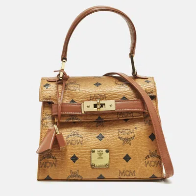 Pre-owned Mcm Kelly Mini Cognac Visetos Coated Canvas And Leather Top Handle Bag In Brown