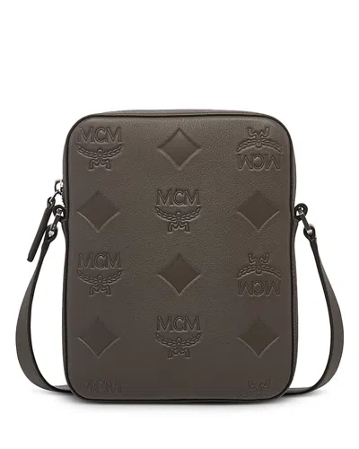 Mcm Klassik Mini Maxi Monogram Embossed Leather Crossbody Bag In Morel Grey