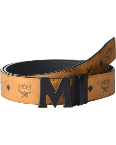 Pre-owned Mcm L25916 Men's Cognac Brown Reversible Signature Belt 1 3/4 In One Size