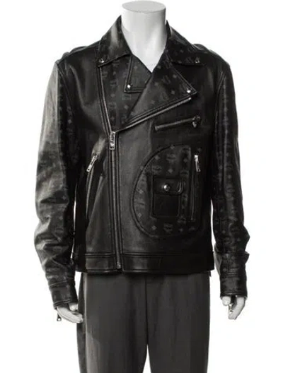 Pre-owned Mcm Lamb Leather Graphic Print Moto Jacket In Black