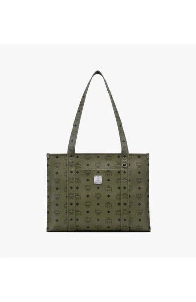 Mcm Large Aren School Bag Tote In Visetos In Green