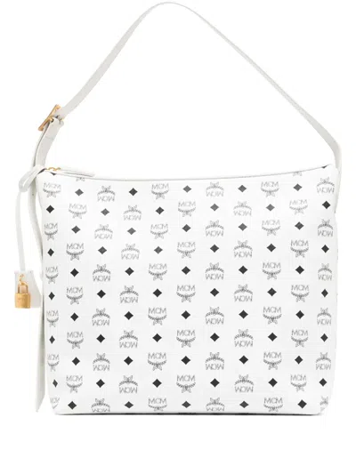 Mcm Large Aren Visetos-print Leather Shoulder Bag In 白色