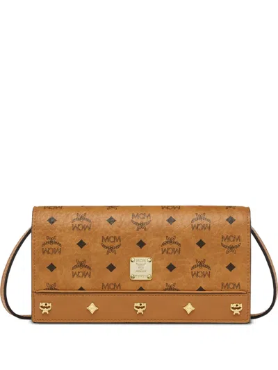 Mcm Pina Crossbody Wallet In Studded Visetos In Brown
