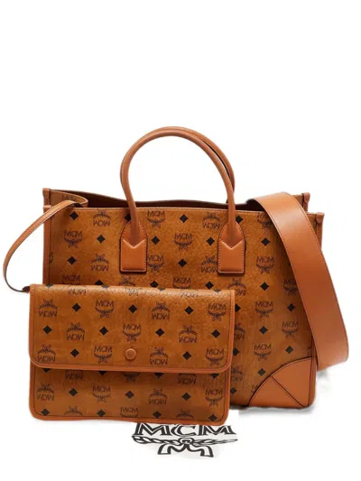 Pre-owned Mcm Large Visetos Logo-print Tote Bag In Brown