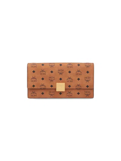 Mcm Large Wallet With Logo Shoulder Strap In Brown