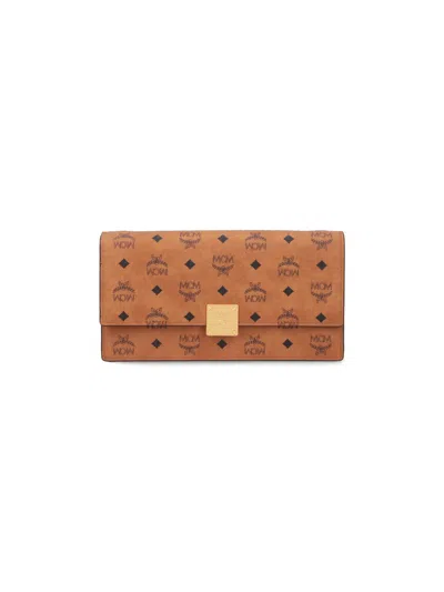 Mcm Large Wallet With Logo Shoulder Strap In Brown