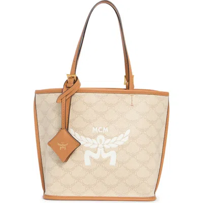 Mcm Lauretos Coated Canvas Shopper Bag In Ss24 Oatmeal