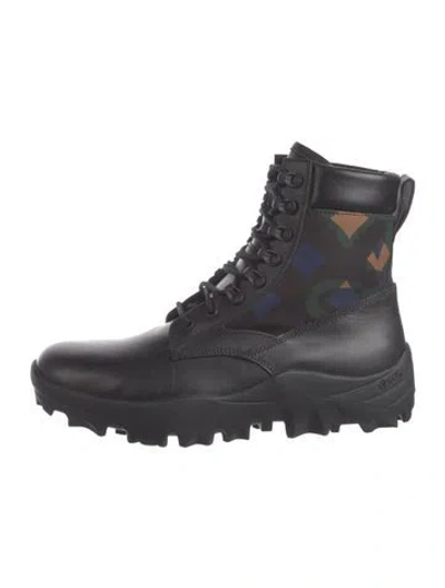 Pre-owned Mcm Leather Camouflage Print Combat Boots In Black/green