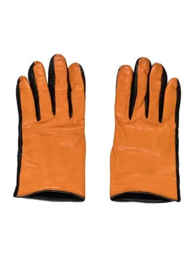 Pre-owned Mcm Leather Cashmere Lined Gloves In Black/orange